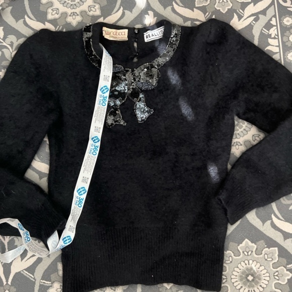 Gucci 1980s black, sequin beaded bow collar, angora sweater sz 40 S